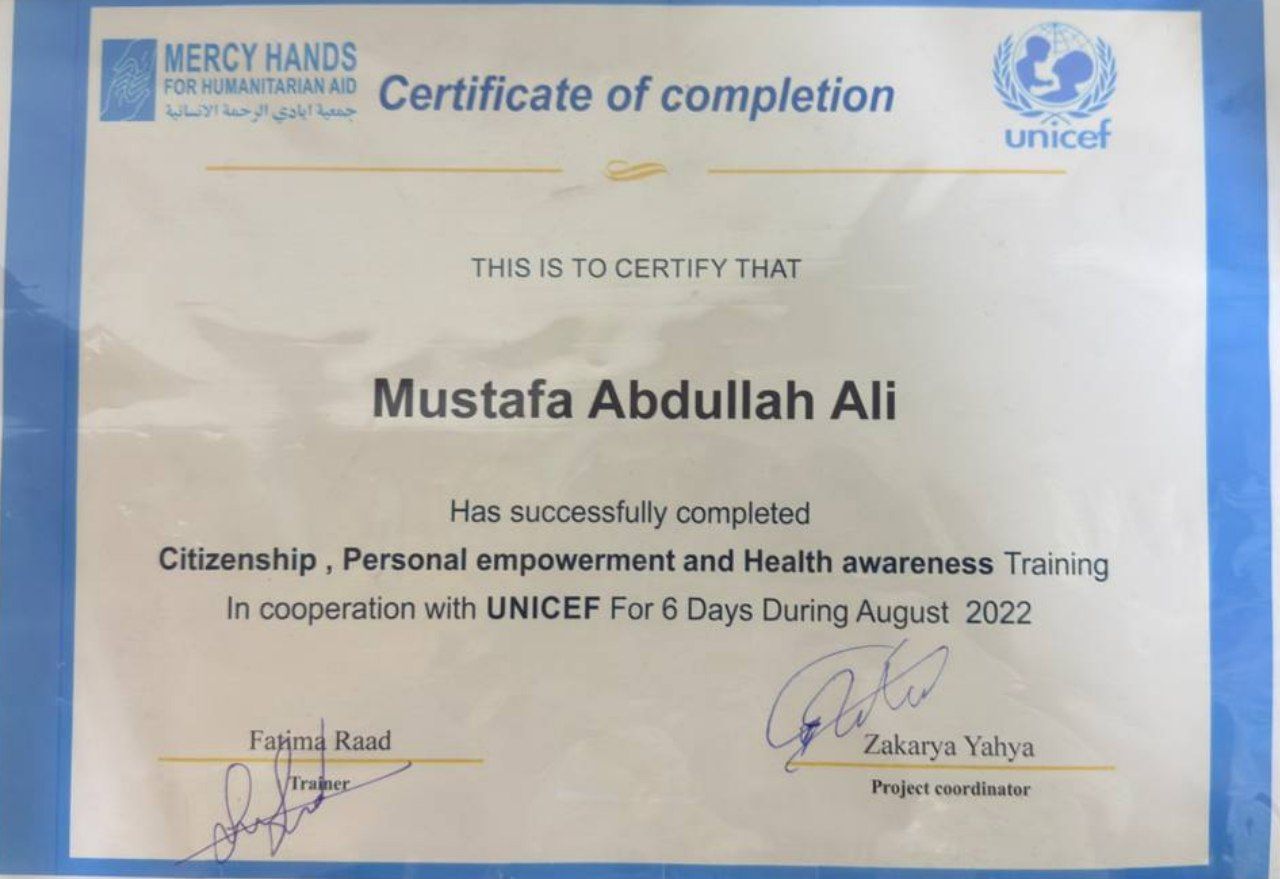 Mustafa's certificate of completion
