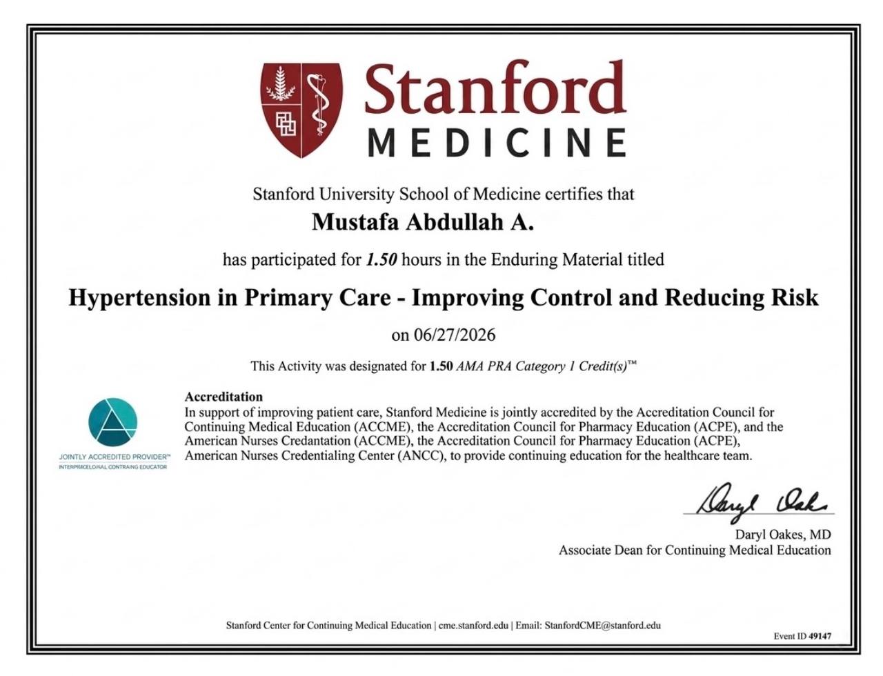 Mustafa's professional training certificate