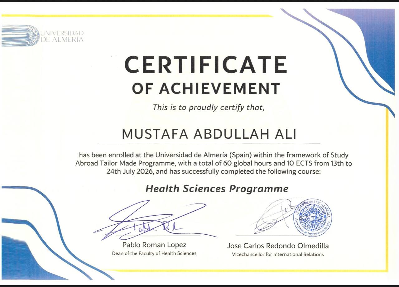 Mustafa's certificate of achievement from Spain